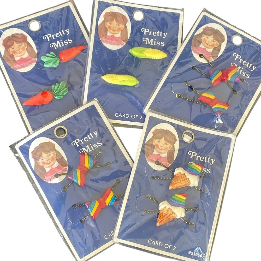 NOS Vtg Pretty Miss Tip Top Lot of 5 Barrettes Hair Elastics Corn Carrot Rainbow